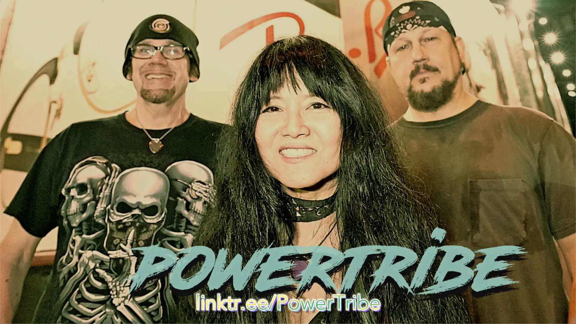 PowerTribe band members posing outside the Whisky a Go Go club on the Sunset Strip in Hollywood.