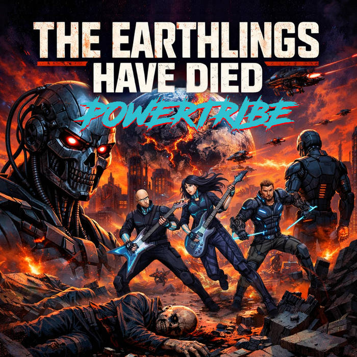 Anime-style cover art of PowerTribe featuring three band members amid AI robots and fallen humans in a devastated red-toned landscape.